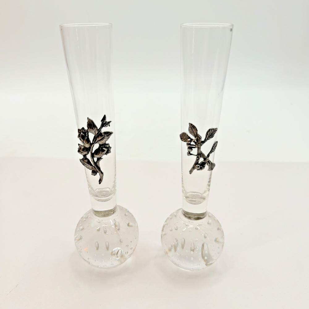 2 Piece Vintage Pewter Floral Overlay Controlled Bubble Glass Bud Vases 8"